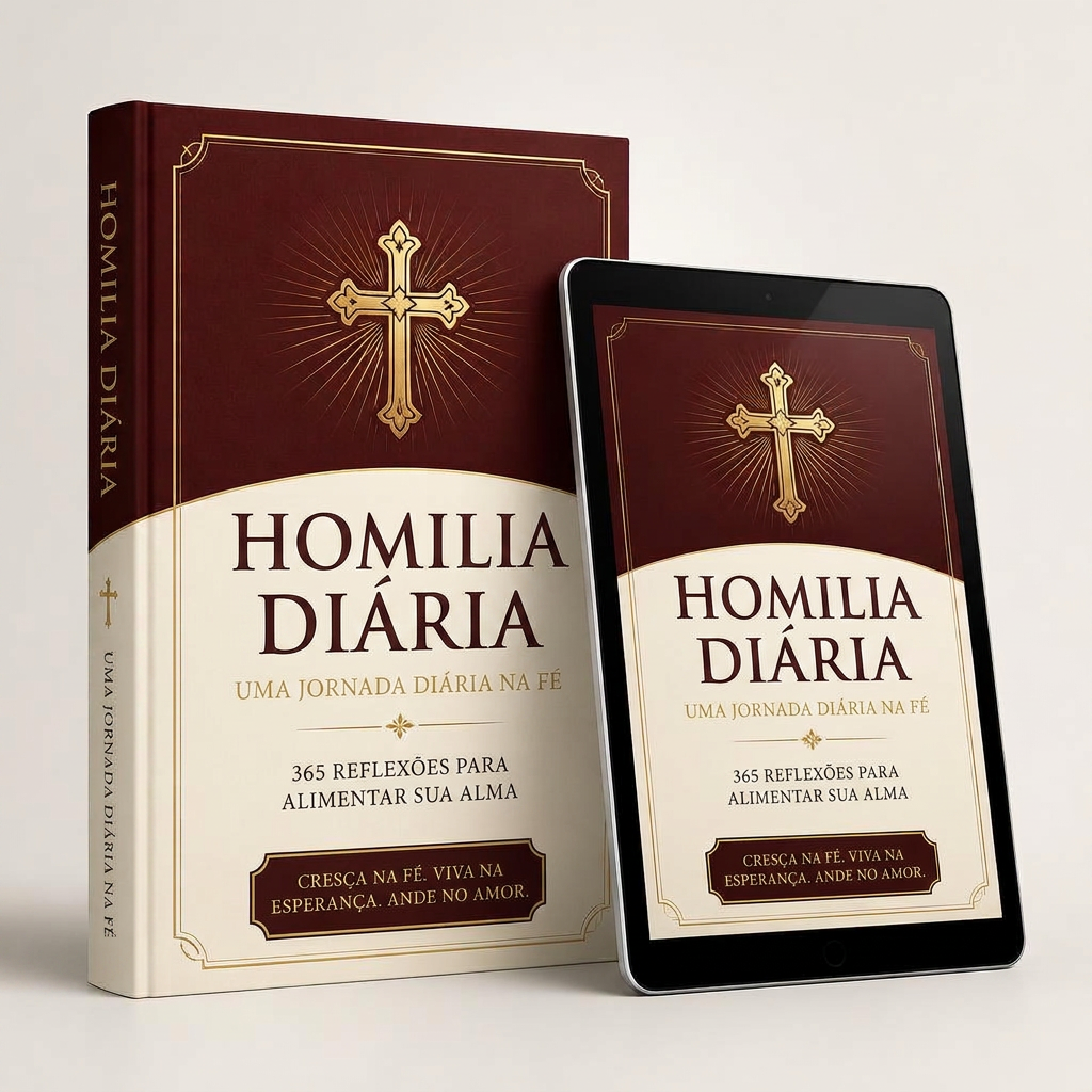 Mockup do material 365 Homilias Estruturadas em livro e tablet